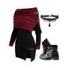 Open Shoulder Knit Foldover Top and Rivet Buckle Strap Punk Boots Hollow Out Choker Outfit - Rouge foncé S | US 4