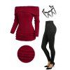 Off The Shoulder Cable Knit Sweater and Solid Color Buckle Grommet Pants Hollow Out Chain Necklace Outfit - Rouge foncé S | US 4