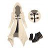 Asymmetric Longline Hooded Knit Faux Twinset Top and Zip Up Buckle Strap Chunky Heel Boots Outfit - Beige S | US 4