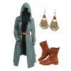 Open Front Drop Shoulder Belted Hooded Top Solid Tank Top Set and Chunky Heel Boots Hook Drop Earrings Outfit - Vert clair S | US 4