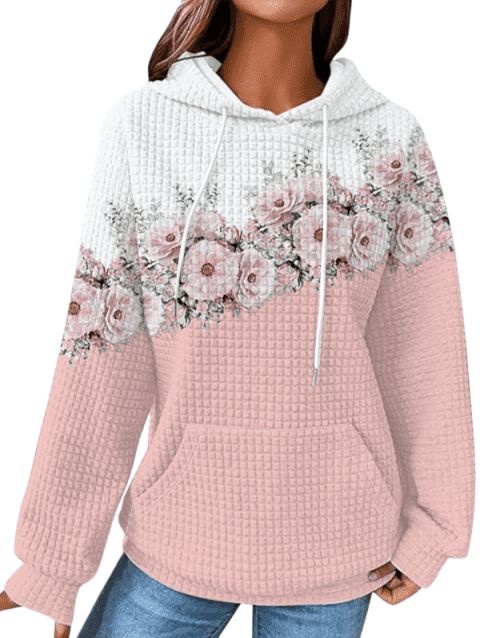 Sweat à Capuche à Carreaux Floral Gauffrage avec Poche à Cordon