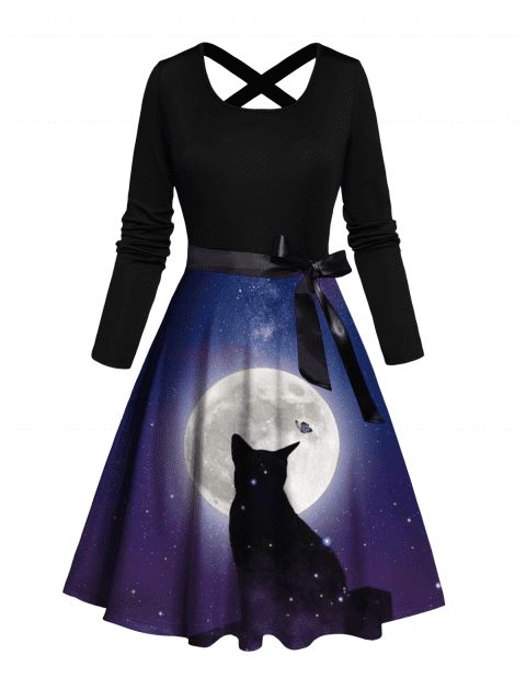 Robe Ligne A Mi-Longue Ceinturée Croisé Chat Lune et Nœud Papillon Imprimés à Taille Haute