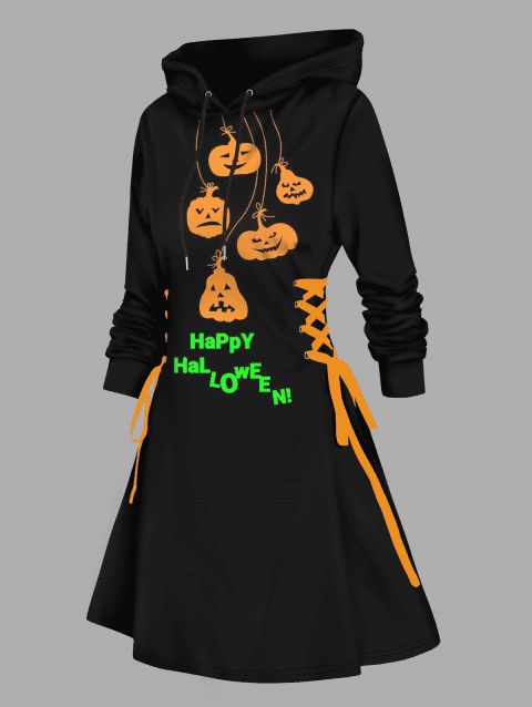 Robe à Capuche D'Halloween Ligne A Citrouille Imprimée à Lacets à Côté