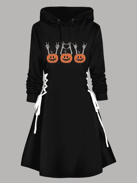 Robe à Capuche D'Halloween Linge A Citrouille et Main Imprimés à Cordon