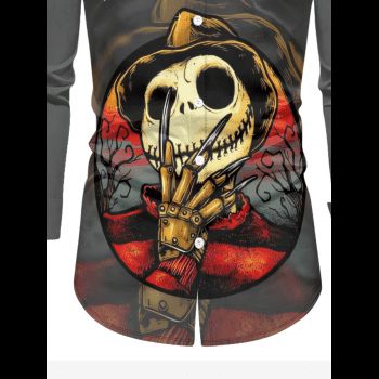 Men's Halloween Pumpkin Face Skull Hat Print Shirt Long Sleeve Turn Down Collar Casual Button-up Shirt