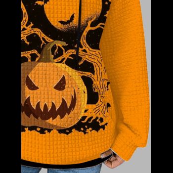 Halloween Pumpkin Face Bat Print Checked Embossed Hoodie Drawstring Pouch Pocket Hoodie