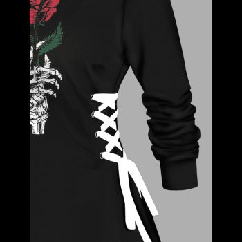 Skull Skeleton Hand Print Drawstring Hoodie Side Lace Up A Line Hooded Dress