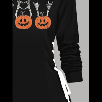 Halloween Pumpkin Face Hand Print Drawstring Hoodie Side Lace Up A Line Hooded Dress