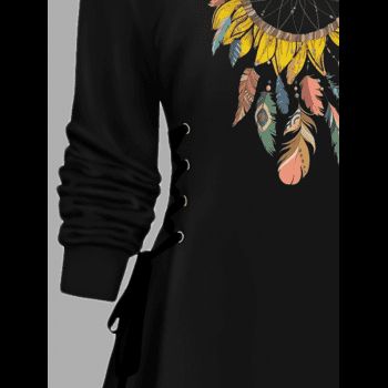 Sunflower Circle Feather Print Drawstring Hoodie Side Lace Up A Line Hooded Dress