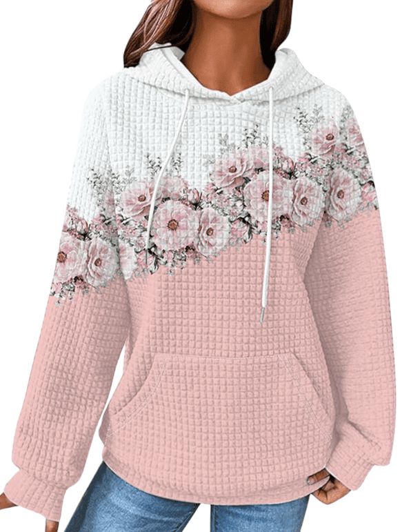 Sweat à Capuche à Carreaux Floral Gauffrage avec Poche à Cordon - Rose clair XXL | US 14