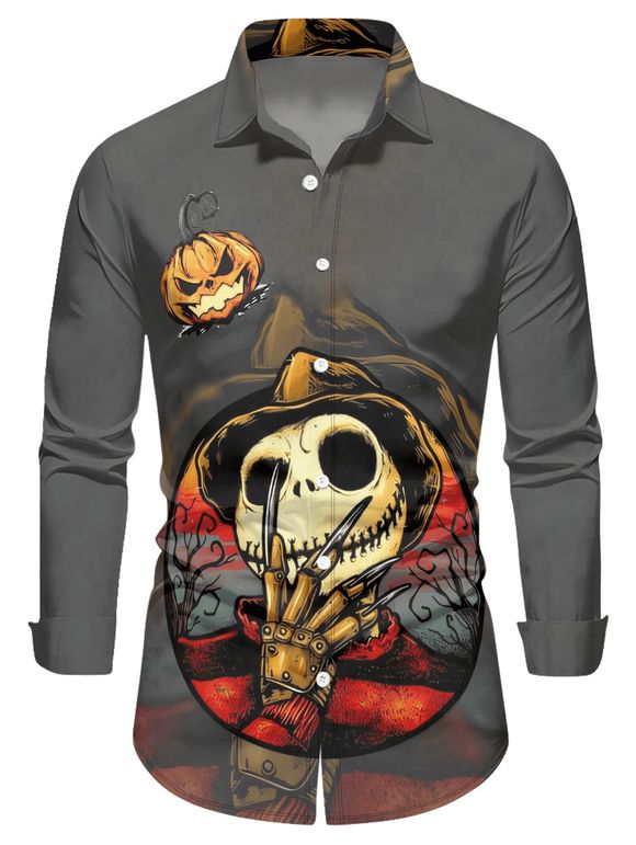 Chemise Décontractée Manches Longues avec Col Rabattu à Imprimé Crâne et Citrouille D'Halloween pour Hommes - Rouge foncé 5XL