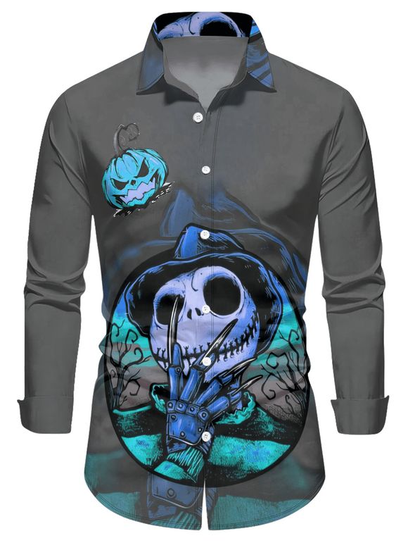 Chemise Décontractée Manches Longues avec Col Rabattu à Imprimé Crâne et Citrouille D'Halloween pour Hommes - Bleu 5XL