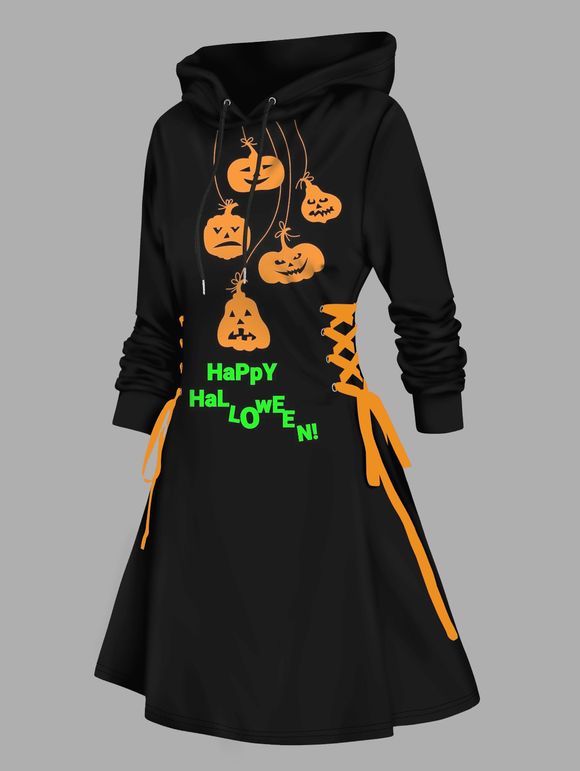 Robe à Capuche D'Halloween Ligne A Citrouille Imprimée à Lacets à Côté - Orange Foncé XXL | US 14