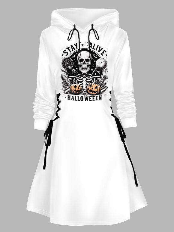 Robe à Capuche D'Halloween Ligne A Crâne et Citrouille Imprimés à Lacets à Côté - Blanc M | US 6