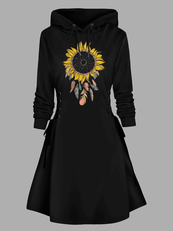 Robe à Capuche Ligne A Cercle Tournesol Imprimé à Lacets à Côté - Noir XL | US 12