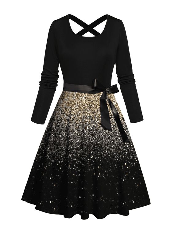 Robe Mi-Longue Ligne A Ceinturée Ombrée Galaxie Imprimée à Taille Haute à Paillettes avec Nœud Papillon - Noir M | US 6