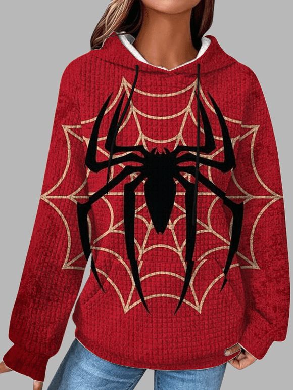 Sweat à Capuche D'Halloween Carreau et Toile D'Araignée Imprimées avec Poche Large à Cordon - Rouge XL | US 12