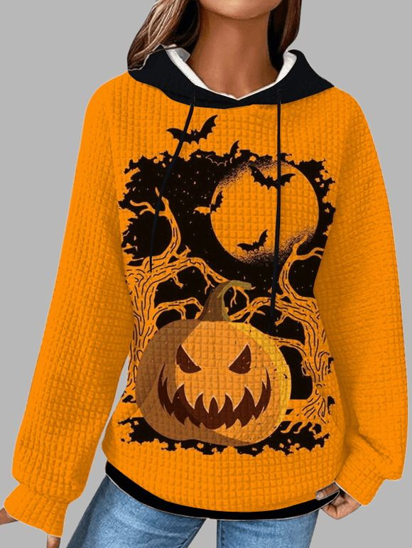 Sweat à Capuche D'Halloween Citrouille et Chauve-souris Imprimés avec Poche à Cordon - Orange Foncé XXL | US 14