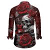 Chemise Décontractée Rose Crâne Imprimés Manches Longues à Col Relevé - Rouge foncé 5XL