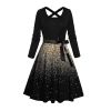 Robe Mi-Longue Ligne A Ceinturée Ombrée Galaxie Imprimée à Taille Haute à Paillettes avec Nœud Papillon - Noir L | US 8-10