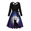 Robe Ligne A Mi-Longue Ceinturée Croisé Chat Lune et Nœud Papillon Imprimés à Taille Haute - Noir L | US 8-10