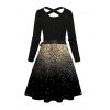 Robe Mi-Longue Ligne A Ceinturée Ombrée Galaxie Imprimée à Taille Haute à Paillettes avec Nœud Papillon - Noir XL | US 12