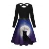 Robe Ligne A Mi-Longue Ceinturée Croisé Chat Lune et Nœud Papillon Imprimés à Taille Haute - Noir XXL | US 14