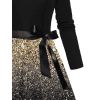 Robe Mi-Longue Ligne A Ceinturée Ombrée Galaxie Imprimée à Taille Haute à Paillettes avec Nœud Papillon - Noir L | US 8-10