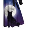 Robe Ligne A Mi-Longue Ceinturée Croisé Chat Lune et Nœud Papillon Imprimés à Taille Haute - Noir L | US 8-10