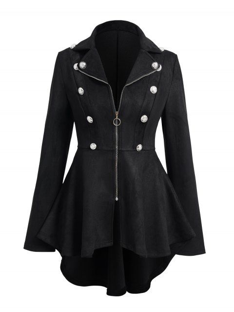 Solid Zipper Up Button Decor Turn Down Collar Long Sleeve Faux Suede Crop Coat