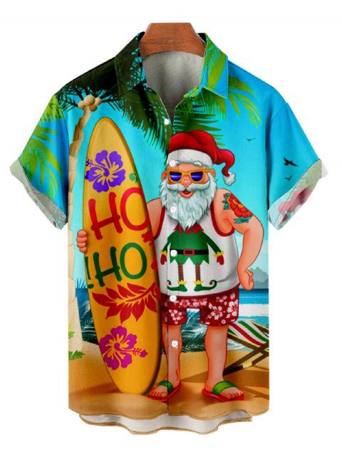 Men's Christmas Santa Claus Surfing Print Roll Up Sleeve Shirt Button Up Short Sleeve Casual Shirt