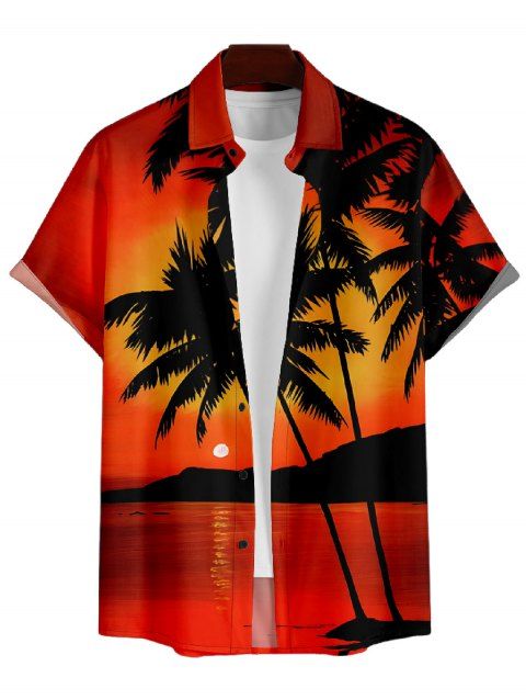 Chemise Décontractée Boutonnée Arbre et Coucher du Soleil Imprimés à Manches Courtes