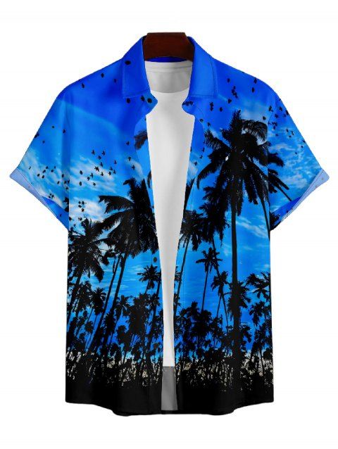 Chemise Décontractée Boutonnée Arbre et Coucher du Soleil Imprimés à Manches Courtes