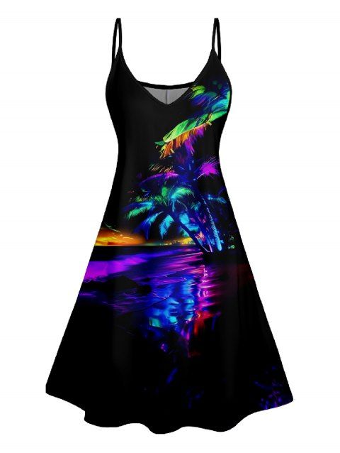 Colorful Coconut Tree Print V Neck High Waist Spaghetti Strap Dress Sleeveless Summer A Line Cami Dress