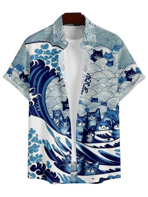 Men's Cartoon Sea Cat Print Roll Up Sleeve Shirt Button Up Short Sleeve Casual Shirt