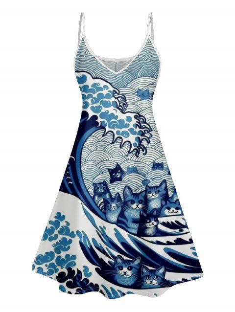 Cartoon Sea Cat Print V Neck High Waist Spaghetti Strap Dress Sleeveless Summer A Line Cami Dress