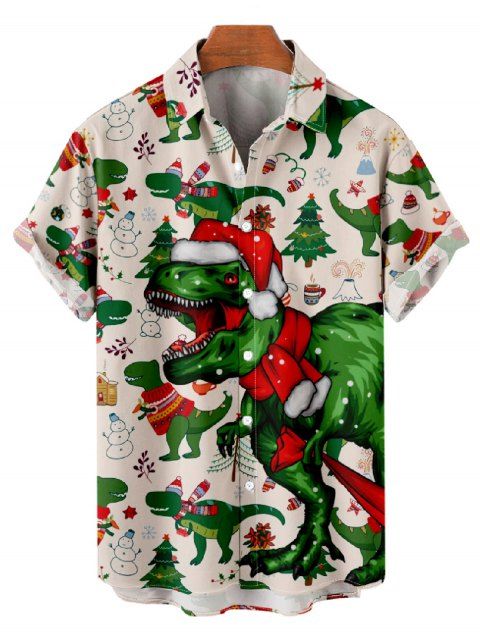 Chemise Décontractée Boutonnée Dinosaure et Neige Imprimés à Manches Courtes