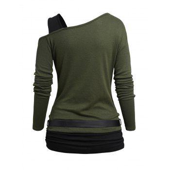 Contrast Color Skew Neck Belt Cinched Long Sleeve Casual Top