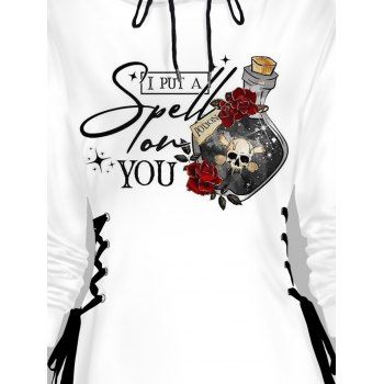 Halloween Rose Skull Drifting Bottle Print Drawstring Hoodie Side Lace Up A Line Hooded Dress