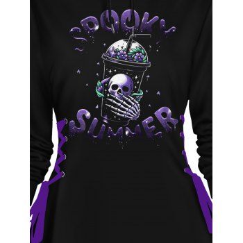 Halloween Skull Cup Print Drawstring Hoodie Side Lace Up A Line Hooded Dress