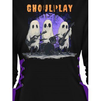 Halloween Ghost Party Print Drawstring Hoodie Side Lace Up A Line Hooded Dress