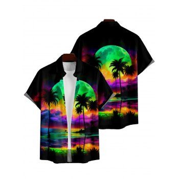 Colorful Beach Landscape Print V Neck Spaghetti Strap Dress and Roll Up Sleeve Shirt Outfit