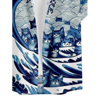 Men's Cartoon Sea Cat Print Roll Up Sleeve Shirt Button Up Short Sleeve Casual Shirt