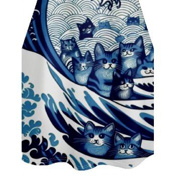 Cartoon Sea Cat Print V Neck High Waist Spaghetti Strap Dress Sleeveless Summer A Line Cami Dress