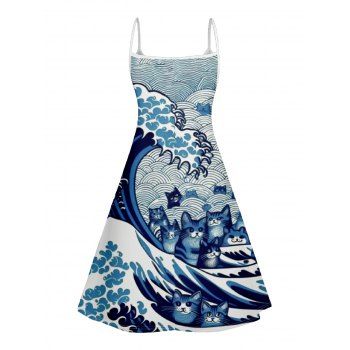 Cartoon Sea Cat Print V Neck Spaghetti Strap Dress and Roll Up Sleeve Shirt Outfit