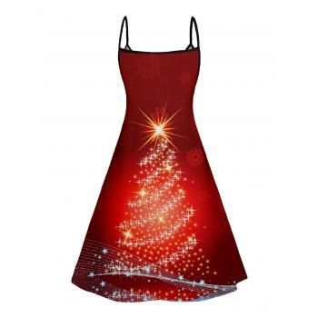 Christmas Tree Glitter Print V Neck High Waist Spaghetti Strap Dress and Roll Up Sleeve Shirt Outfit