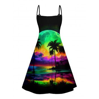 Colorful Beach Landscape Print V Neck High Waist Spaghetti Strap Dress Sleeveless Summer A Line Cami Dress 