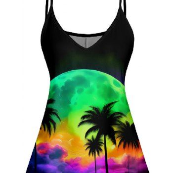 Colorful Beach Landscape Print V Neck High Waist Spaghetti Strap Dress Sleeveless Summer A Line Cami Dress 