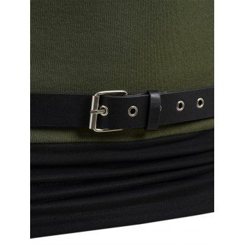 Contrast Color Skew Neck Belt Cinched Long Sleeve Casual Top