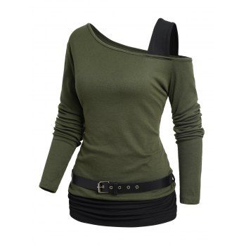 Contrast Color Skew Neck Belt Cinched Long Sleeve Casual Top